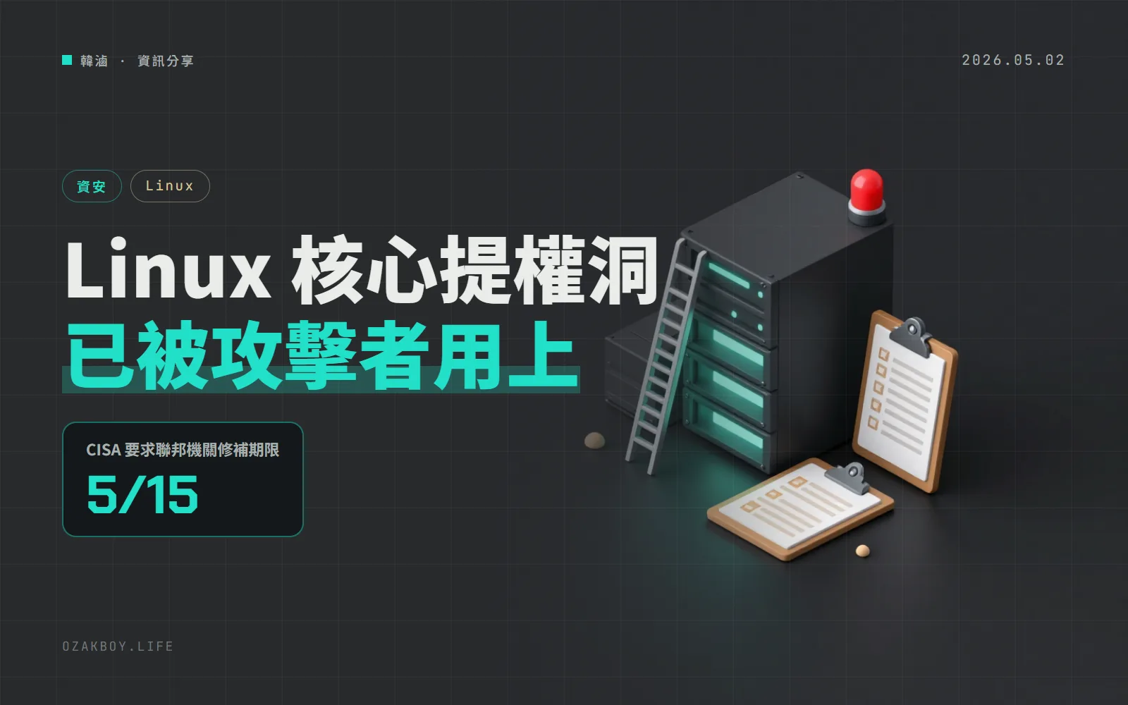 CISA 把 Linux 核心 CVE-2026-31431 列入已遭利用清單：本機提權漏洞，聯邦機關須在 5 月 15 日前處理