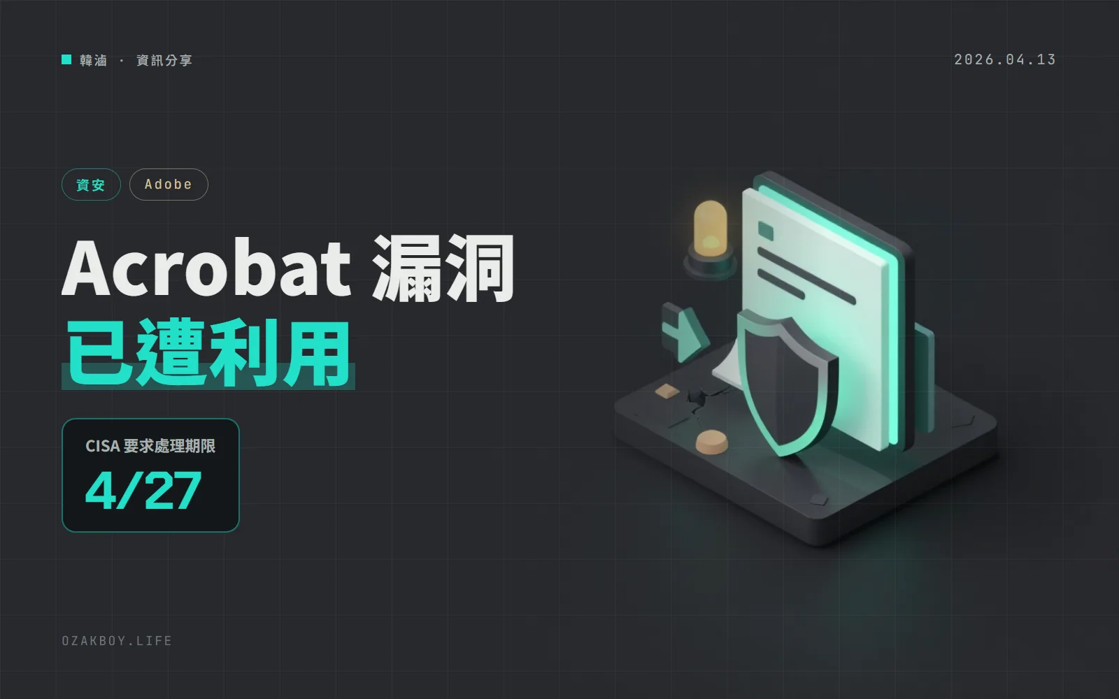 Acrobat 與 Reader 的漏洞已遭利用:CISA 4/13 列入 KEV,Adobe 要求更新到 26.001.21411