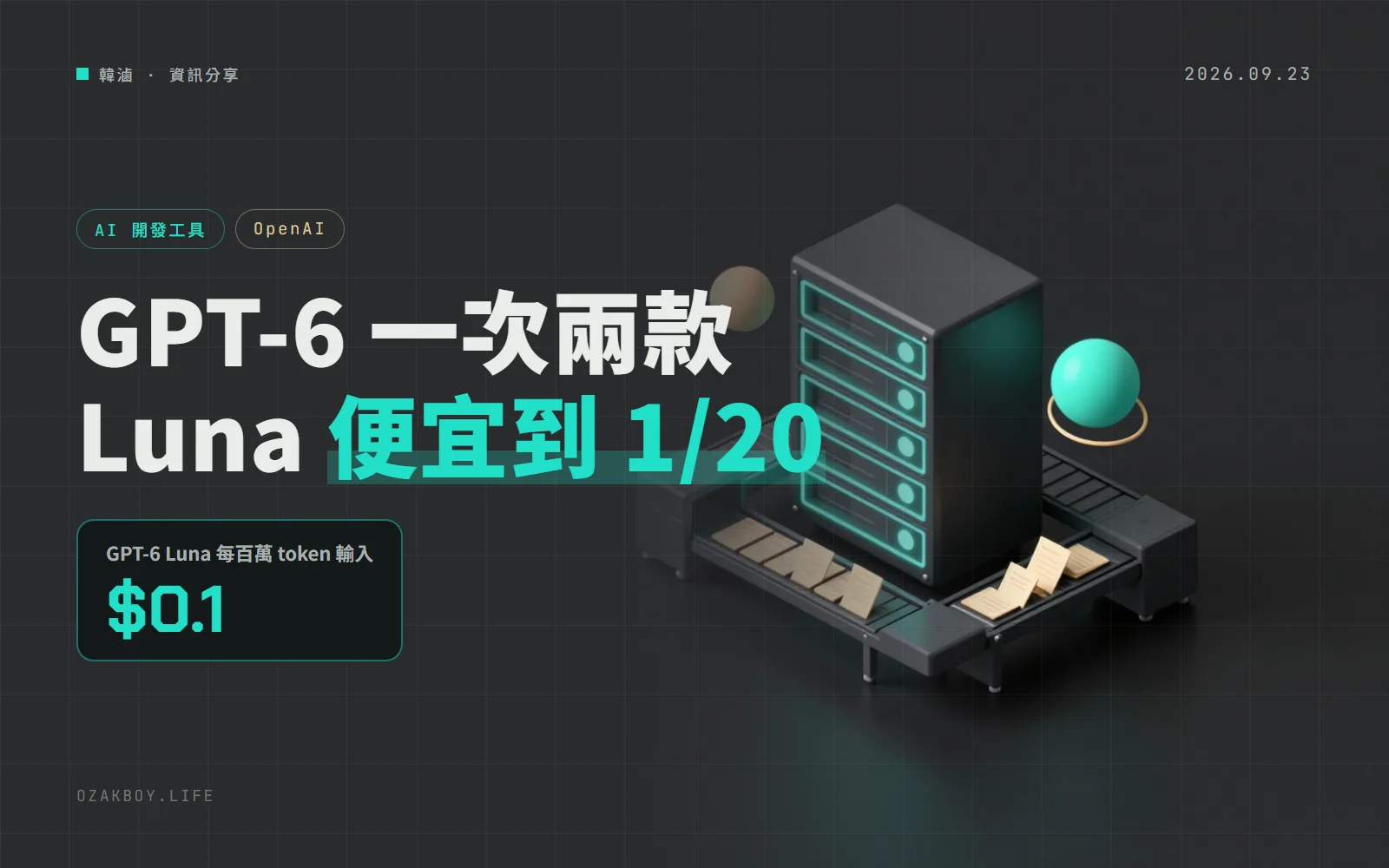 OpenAI 推出 GPT-6 Sol 與 Luna:Luna 每百萬 token 輸入只要 0.1 美元,大量分類摘要更便宜