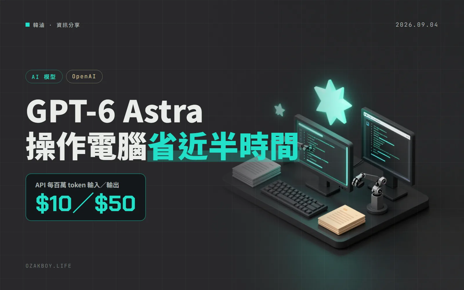OpenAI 發表 GPT-6 Astra：操作電腦每題省近一半時間，API 每百萬 token 10／50 美元