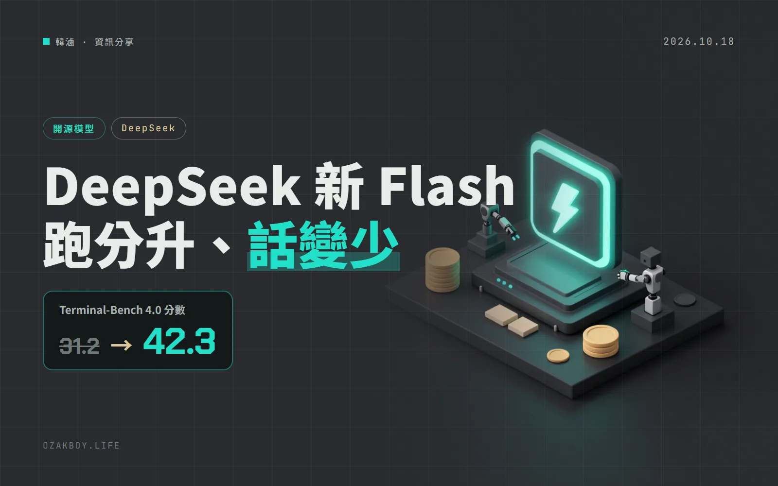 DeepSeek V4.1 Flash 小改版開源:Terminal-Bench 從 31.2 跳到 42.3,輸出還變短